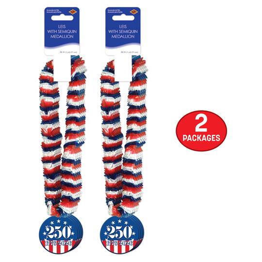Beistle 36" Red, White & Blue Soft-Twist Poly Leis with Semiquincentennial Medallions, 8ct.